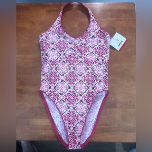Y2K XS Activa Pink and White One-Piece Swimsuit